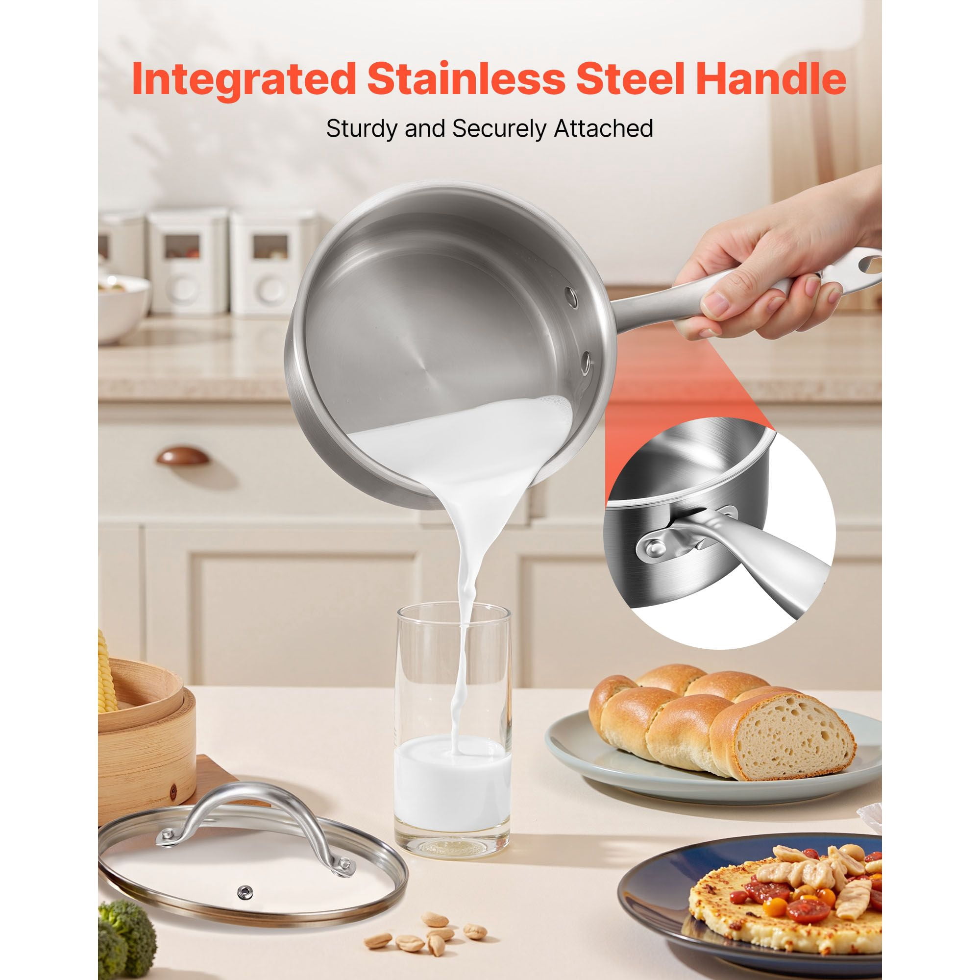 Stainless Steel Saucepan 1.5QT with Lid, Tri-Ply Construction (SUS304-Aluminum-SUS430), Coating-Free, Oven Safe to 600°F, Dishwasher Safe for Induction Gas