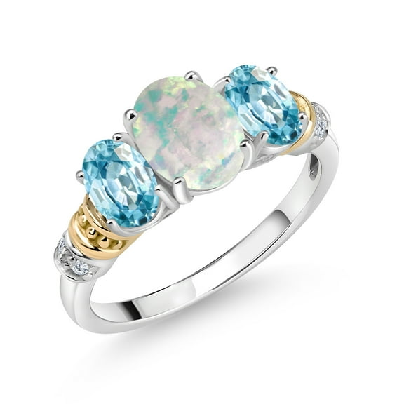 Gem Stone King 925 Sterling Silver and 10K Yellow Gold Oval White Opal Blue Zircon and White Diamond 3 Stone Ring for Women (2.33 Cttw, Gemstone October Birthstone, Size 9)
