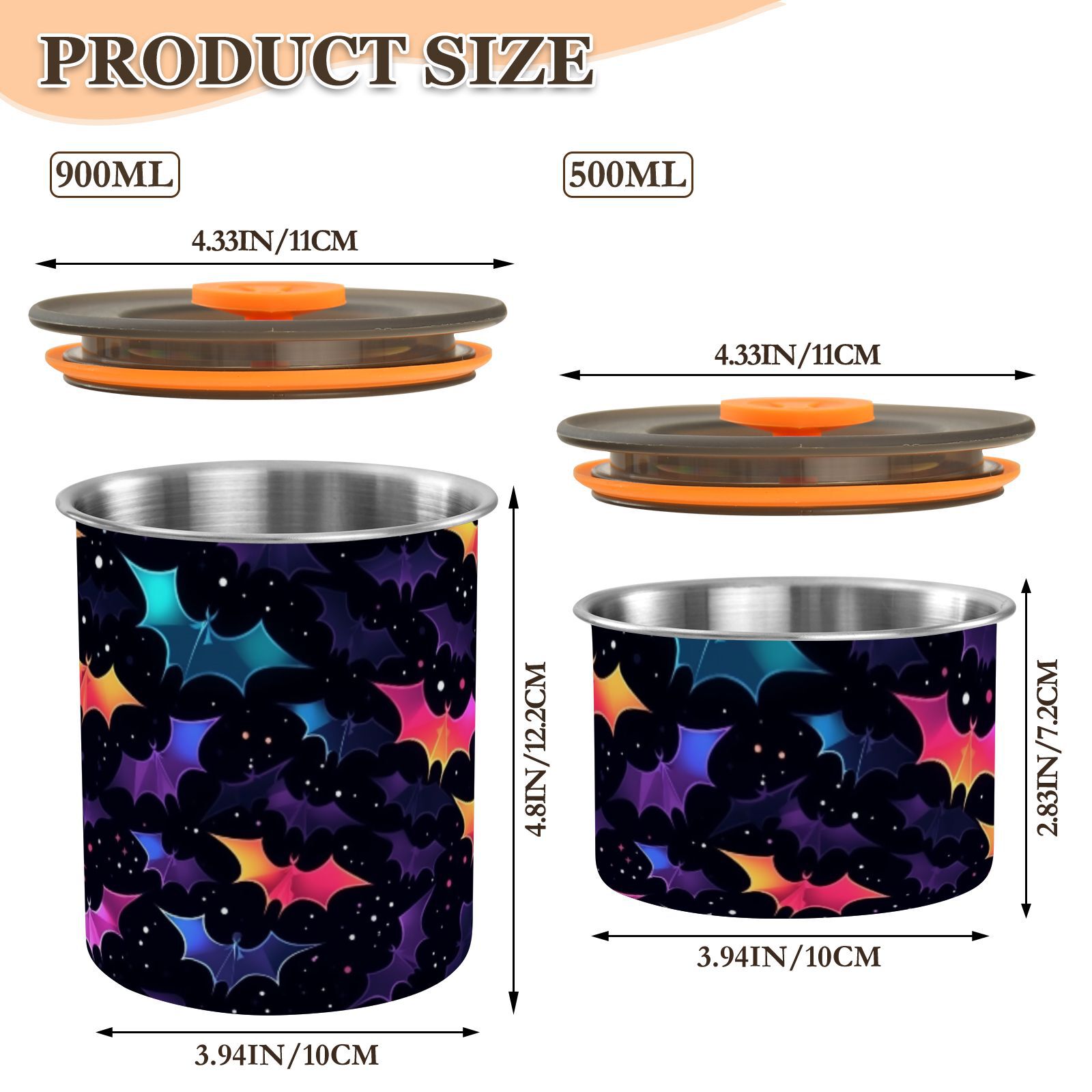Rainbow Bat Halloween Airtight Coffee Bean Canister 30oz Food Storage Containers with Lids For Gournd, Tea, Sugar, Flour, Rice, Cereal, Candy Cookie Jar