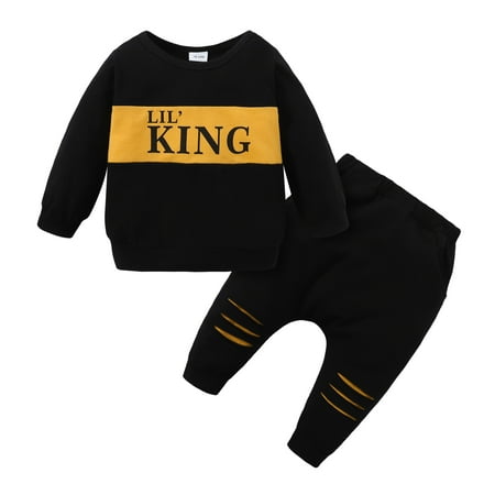 

Toddler Baby Boys Clothes Baby Boy Outfits 18-24 Months Toddler Boys Letter Print Long Sleeve Round Neckline Tops Ripped Pants 2PCS Set Black