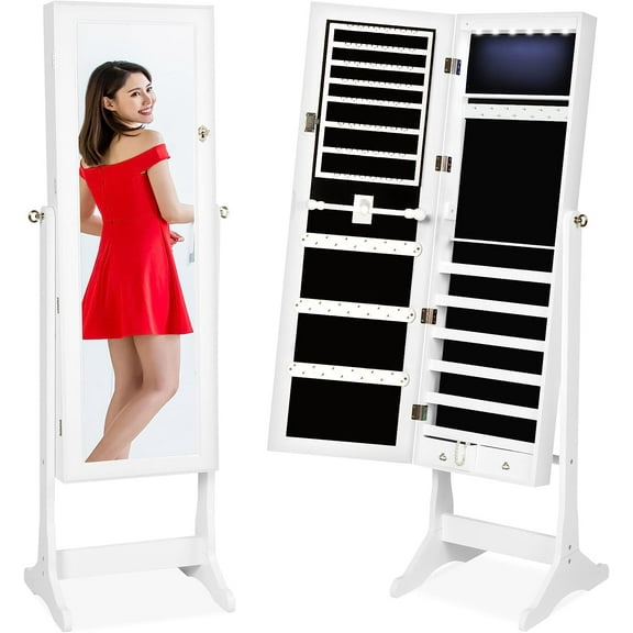 CZMJY 6-Tier Full Length Standing Mirrored Lockable Jewelry Storage Organizer Cabinet Armoire w/ 6 LED Interior Lights, 3 Angle Adjustments, Velvet Lining, White