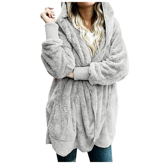 YDFCWXW Womens Long Sleeve Solid Fuzzy Fleece Open Front Hooded Cardigans Jacket Coats Outerwear with Pocket 2025 Winter Grey, M