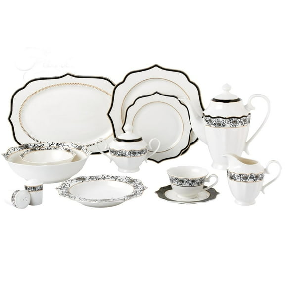 Stylish and Elegant 57 Pieces Bone China Dinnerware Set Service for 8 People - Wavy Black and Gold Mix and Match, Fiona