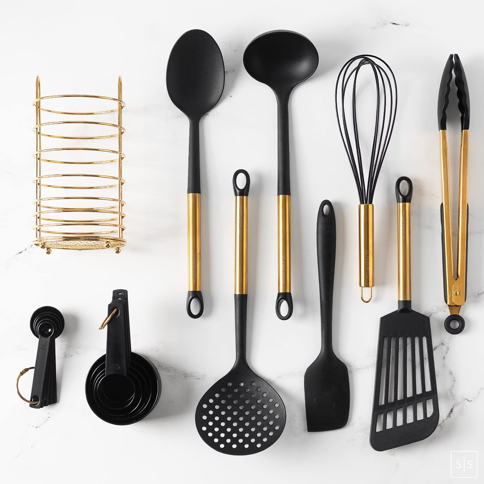 STYLED SETTINGS Black and Gold Utensil Holder with Built-in Spoon Rest - 2  PC Large Ceramic Utensil Holder Includes Black & Gold Spoon Rest - Kitchen
