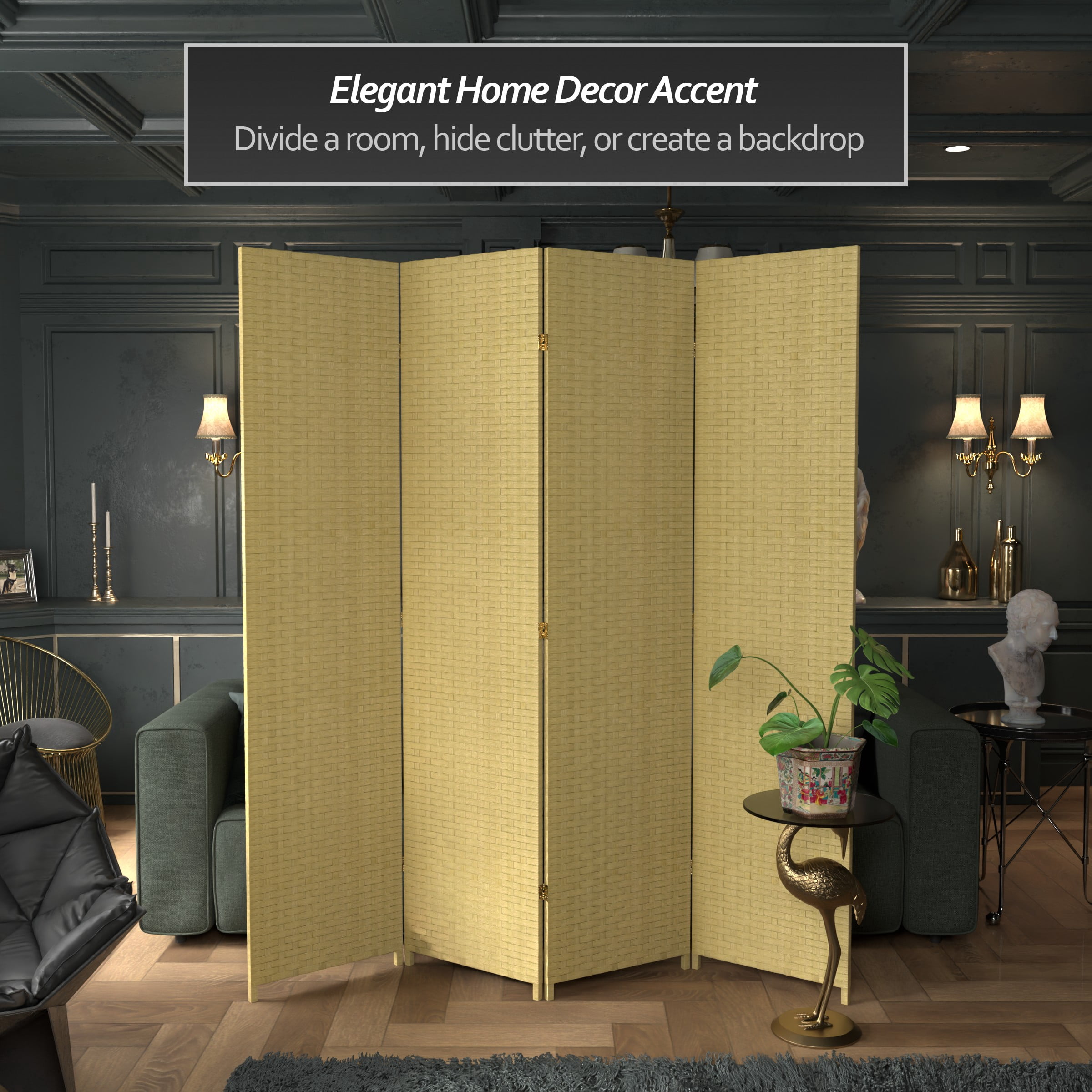 Red Lantern 7 ft. Tall Woven Fiber Folding Screen - Dark Beige - 4 Panel
