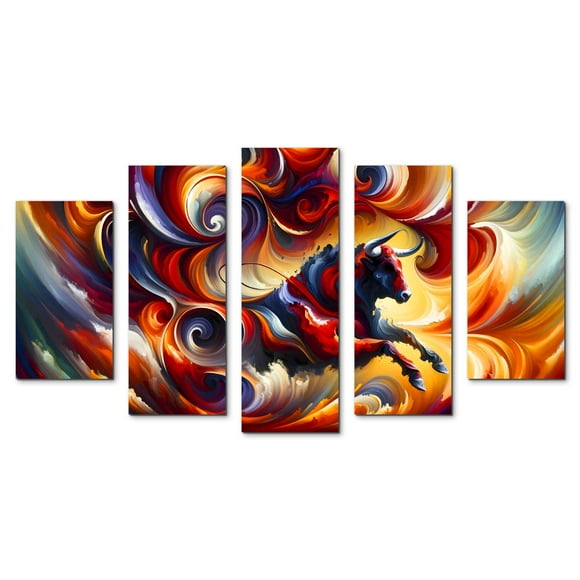 Cuadro decorativo para Sala, Comedor y Recamara, Abstracto Toro, Fuego, Furia, minimalista, moderno, elegante, juego de 5 piezas