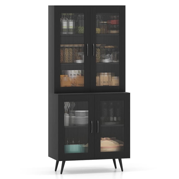 Kepooman 70.5Inch Tall Sideboard Buffet Cabinet with 4 Transparent Doors, Kicthen Pantry Cabinet for Dining Room, Kicthen, Living Room, Restaurant, Black