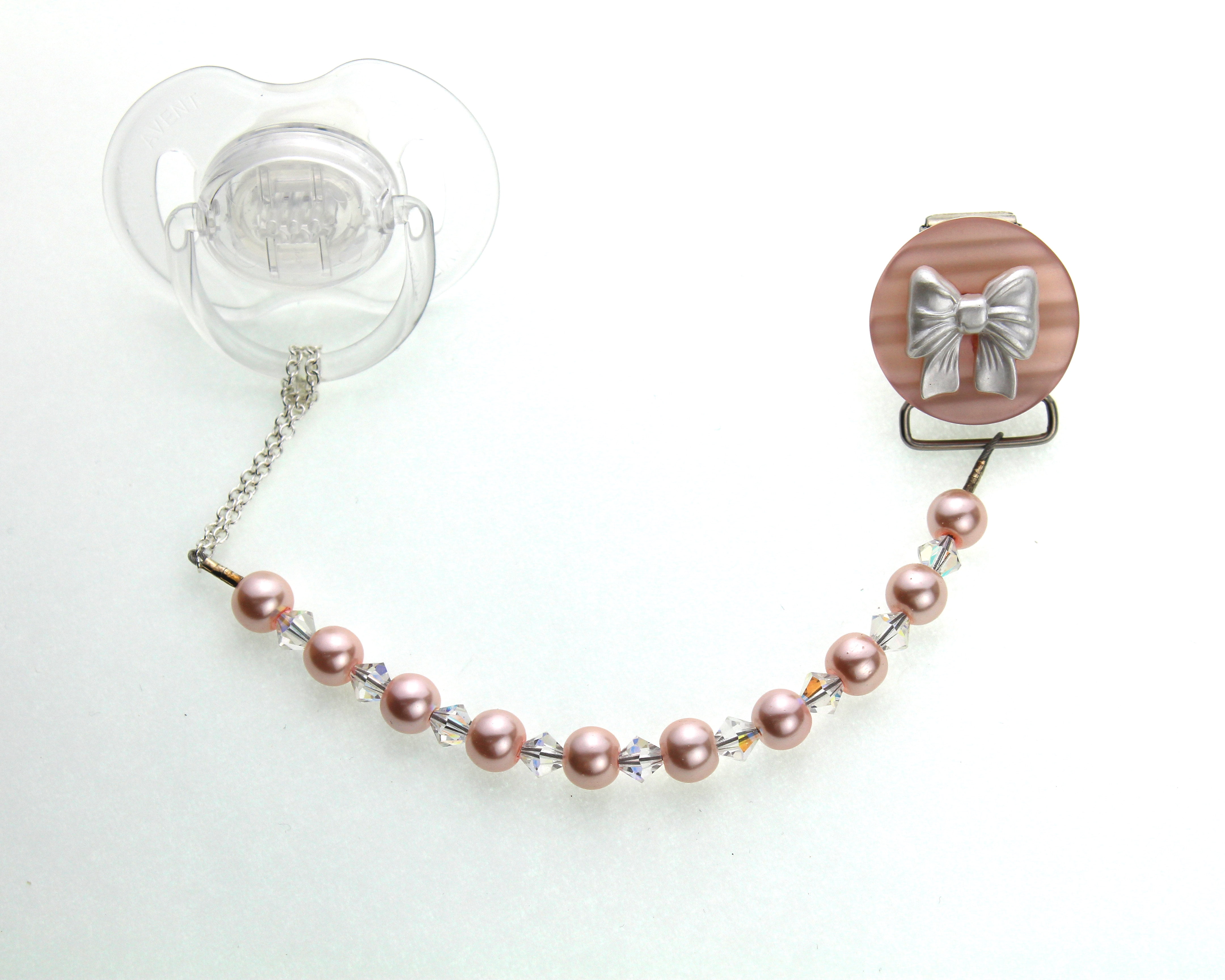 Bow with Pearls & Crystals Pacifier Clip