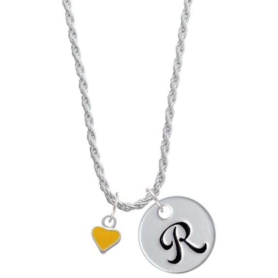 Delight Jewelry Silvertone Mini Two Sided Yellow Heart Silvertone Script Initial Disc - R - Charm Necklace, 20"+3"