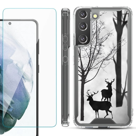 Shockproof Bumper Phone Case for Samsung Galaxy S22 5G, with Tempered Glass Screen Protector, by OneToughShield ® - Forest Deer