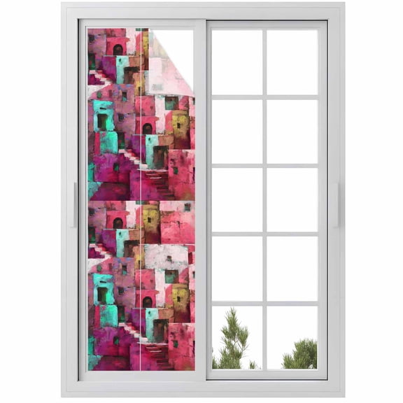 Abstract Red Window Privacy Film, Painting Buildings Geometric Color Block Static Cling UV Sun Blocking Heat Control Window Tint Day and Night, Non-Adhesive One Way Privacy Cover 17.7''x78.7''