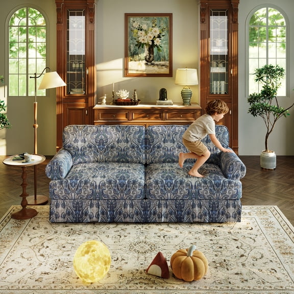 74'' Floral Pattern Love Seat with Ruffled Skirt, Vintage Mid-Century Loveseat Sofa, Upholstered Canvas Deep Couch, Living Room Sofa Set, Home Sofas for Living Room, Apartment, Floral Blue