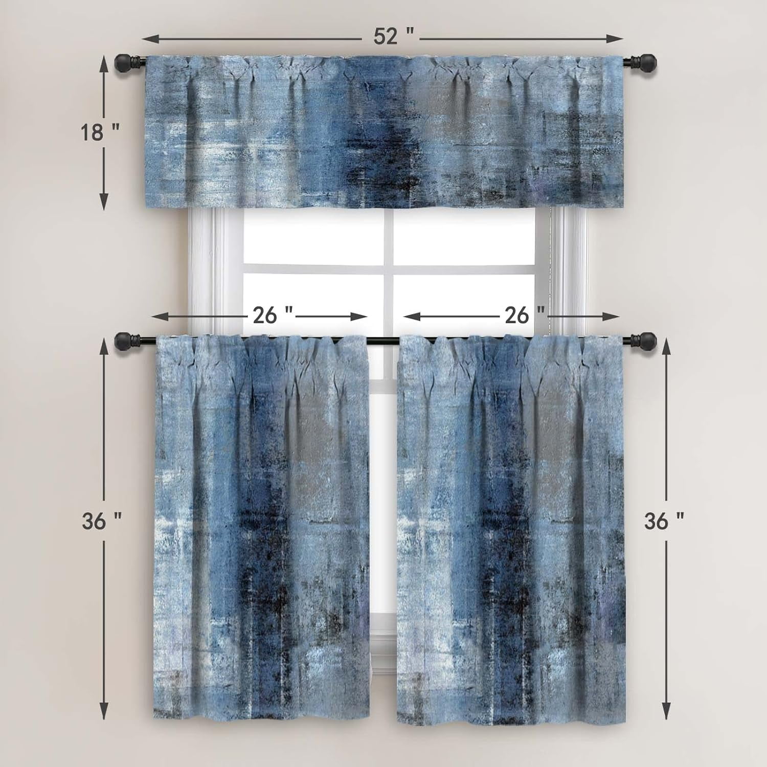 Blue Blackout Kitchen Curtains Tiers and Valances Set 3 Piece for Windows Grey Kitchen Window Curtains Set,Modern Abstract Art Valances for Living Room(36" Tiers Set)