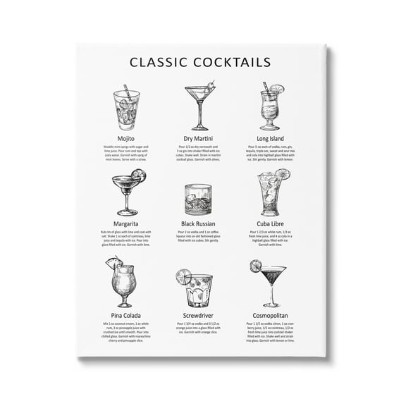 Stupell Industries Classic Cocktails Mixed Drinks Kitchen Bar Sign Chart Graphic Art Gallery Wrapped Canvas Print Wall Art, Design by Lettered and Lined
