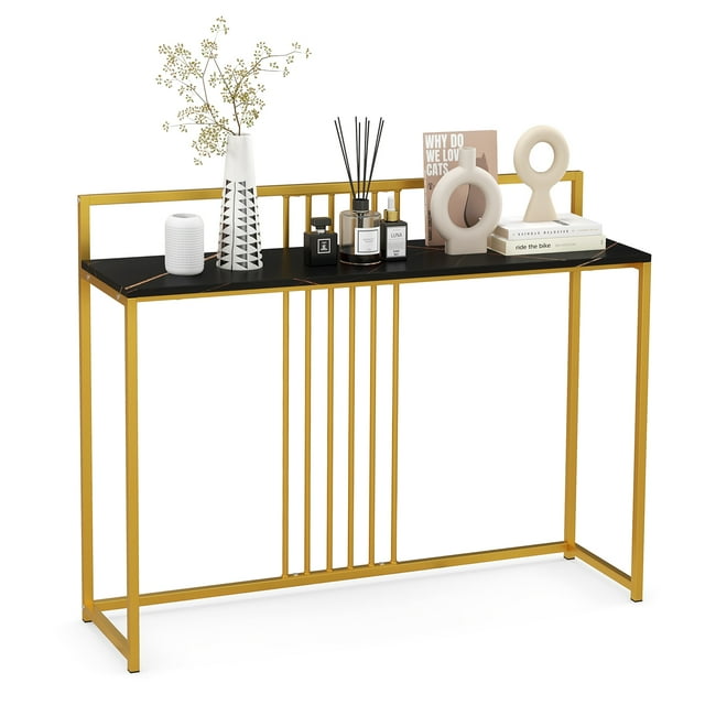 Costway 47" Long Entryway Table with Baffle Home Golden Metal Frame Foyer Table Faux Marble Black