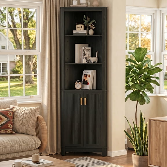 68" Tall Fluted Corner Cabinet for Bathroom, Modern Living Room & Kitchen - 5 Adjustable Shelves, Space-Saving Black Storage, Curved Profile Design