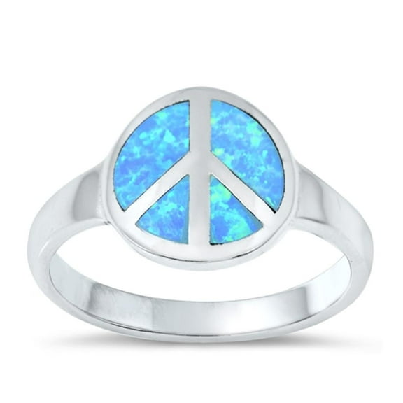 Blue Simulated Opal Promise Ring .925 Sterling Silver Peace Sign Band CZ Jewelry Female Size 5