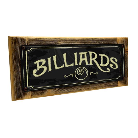 Framed Billiards 4"x12" Metal Sign, Wall Décor for Mancave, Den, and Gameroom
