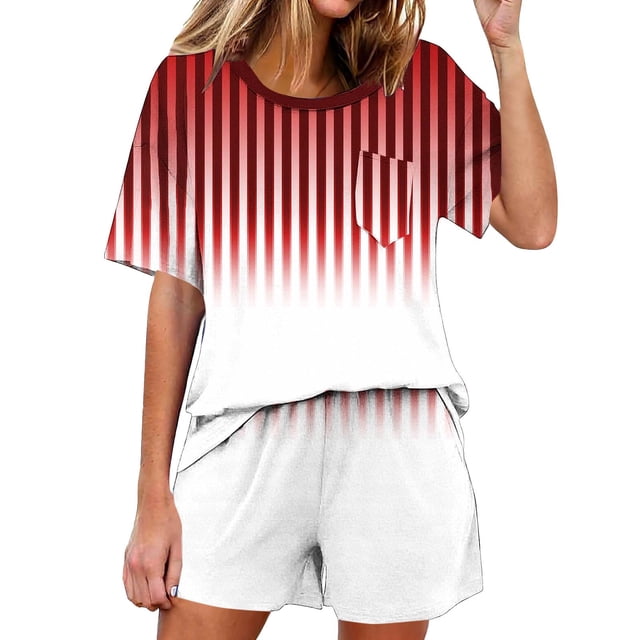 Conjunto de pijama de mujer de moda de color sólido de manga corta cuello redondo y pantalones con poliéster suave, desgaste de casa transpirable para verano diario