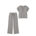 thumbnail image 6 of Zpanxa Girls V Neck Henley Short Sleeve Top Wide Leg Pants Set Casual Two Piece Outfit Toddler Gray 13 Years, 6 of 9