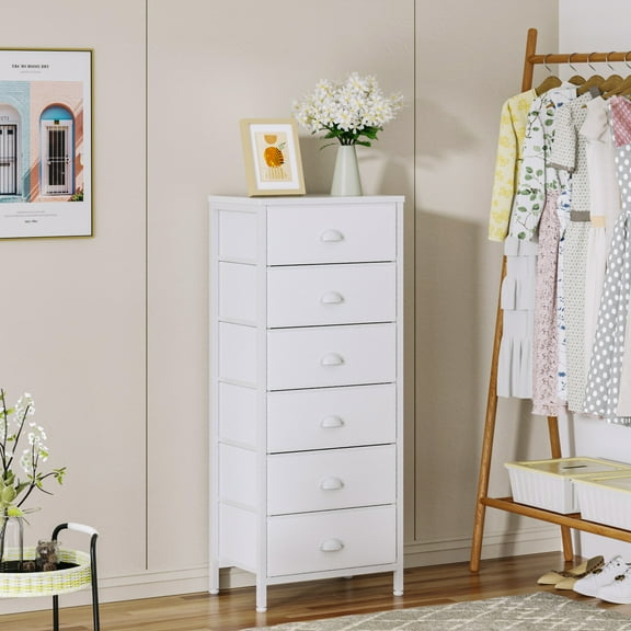 Tydimor 6 Drawer Dresser,Chest of Drawers for Bedroom Tall Fabric Dresser,White