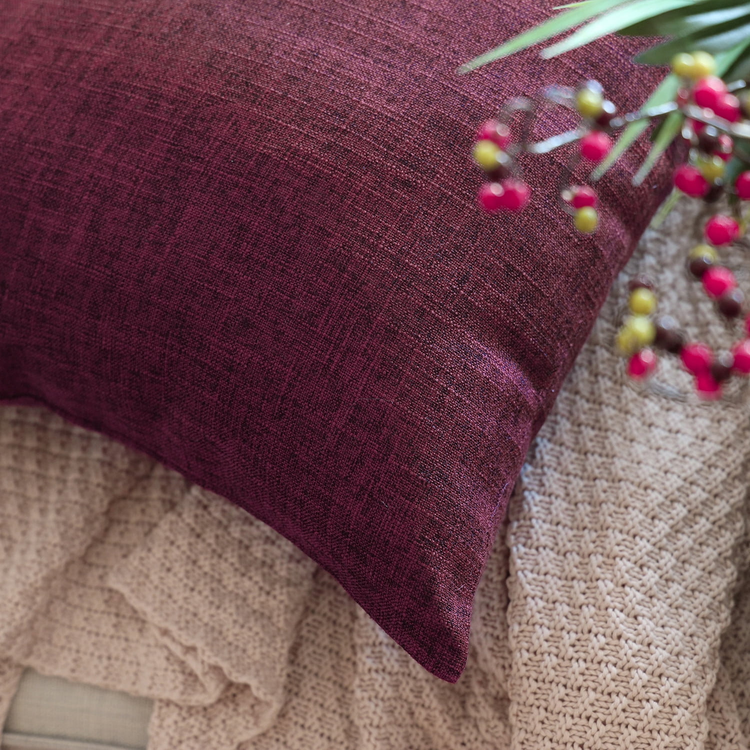 Phantoscope Textural Faux Linen Series Square Decorative Throw Pillow Cusion for Couch, 18" x 18", Purple, 2 Pack