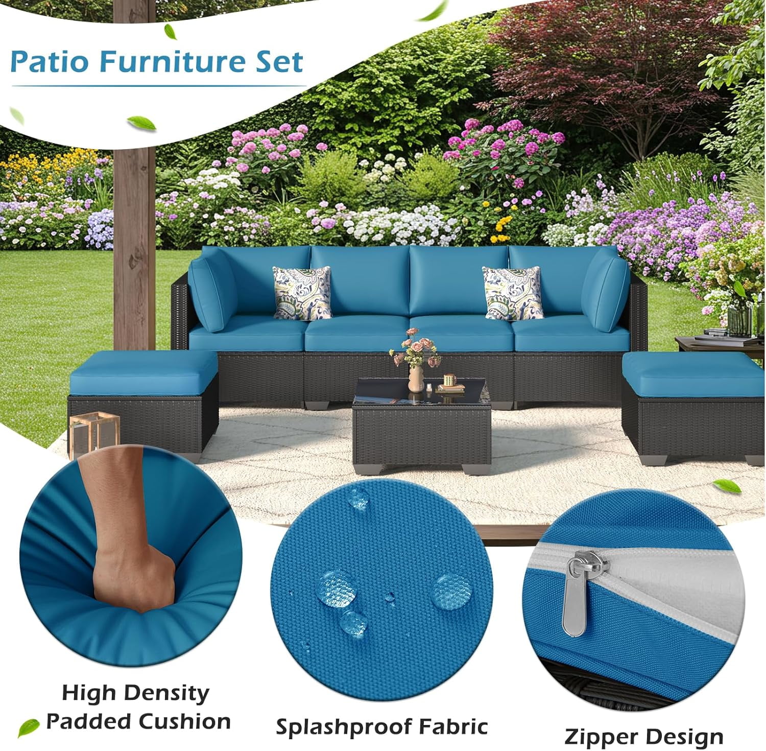 YODOLLA 7-Piece Patio Furniture w/ Protection Cover, Outdoor Sectional Sofa Couch w/ Coffee Table, Patio Conversation Set in Black Wicker& Blue Cushions