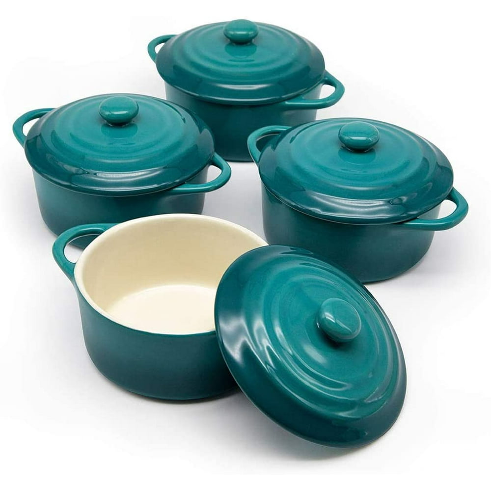 Kook Mini Cocotte Casserole Dishes with Lids, 12 oz, Set of 4, Aqua