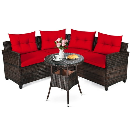 Patiojoy 4PCS Outdoor Patio Conversation Set Wicker Rattan Sectional Sofa W/Red Cushions