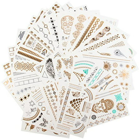 Metallic Temporary Tattoos- Six Sheets of Gold and Silver Long Lasting Flash Fashion Designs (Series