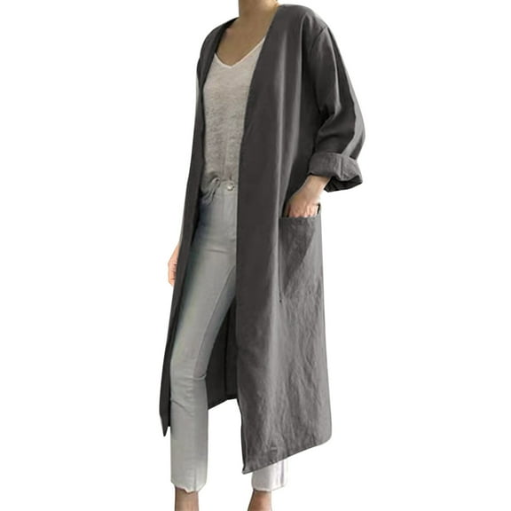 PMVFHDE Women's Daily Casual Versatile Elegant Solid Color Pocket Mid-Length Cardigan Relaxed Grey,XL