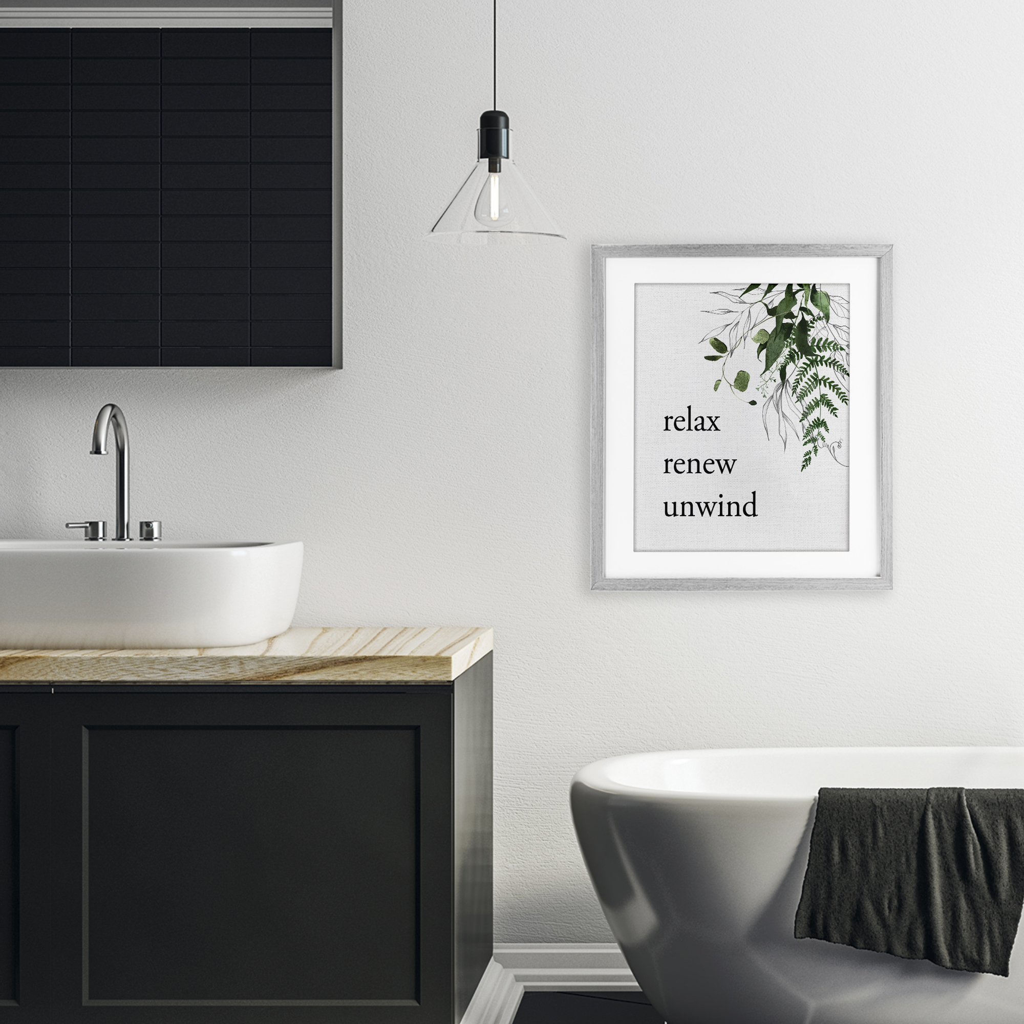 Relax Renew Unwind with Foliage Gray Framed Print Under Glass, design by Lettered and Lined
