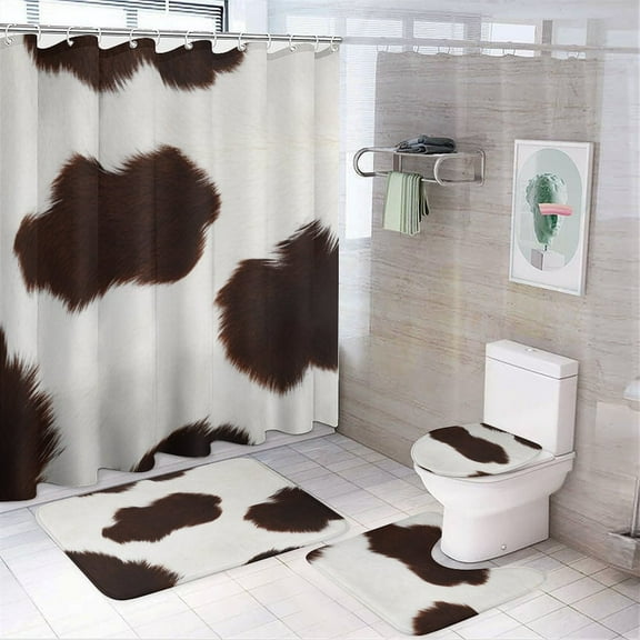 Cow Print Shower Curtain Bathroom Sets Toilet Lid Rug, Rugs Mat Bath Mat And Contour Mat, Shower Curtain 4Pcs