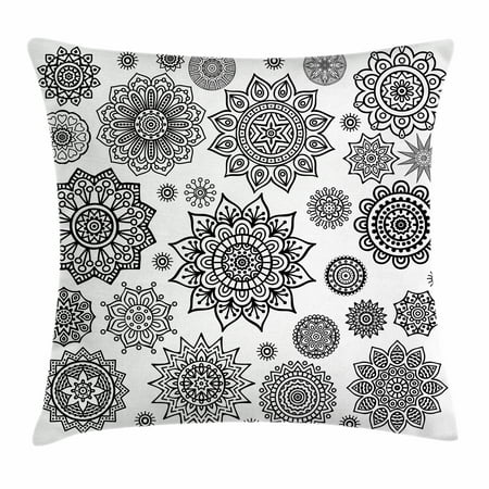 Henna Throw Pillow Cushion Cover, Islamic and Arabic Patterns Mandala and Round Ornament Designs Eastern Illustrations, Decorative Square Accent Pillow Case, 18 X 18 Inches, Black White, by