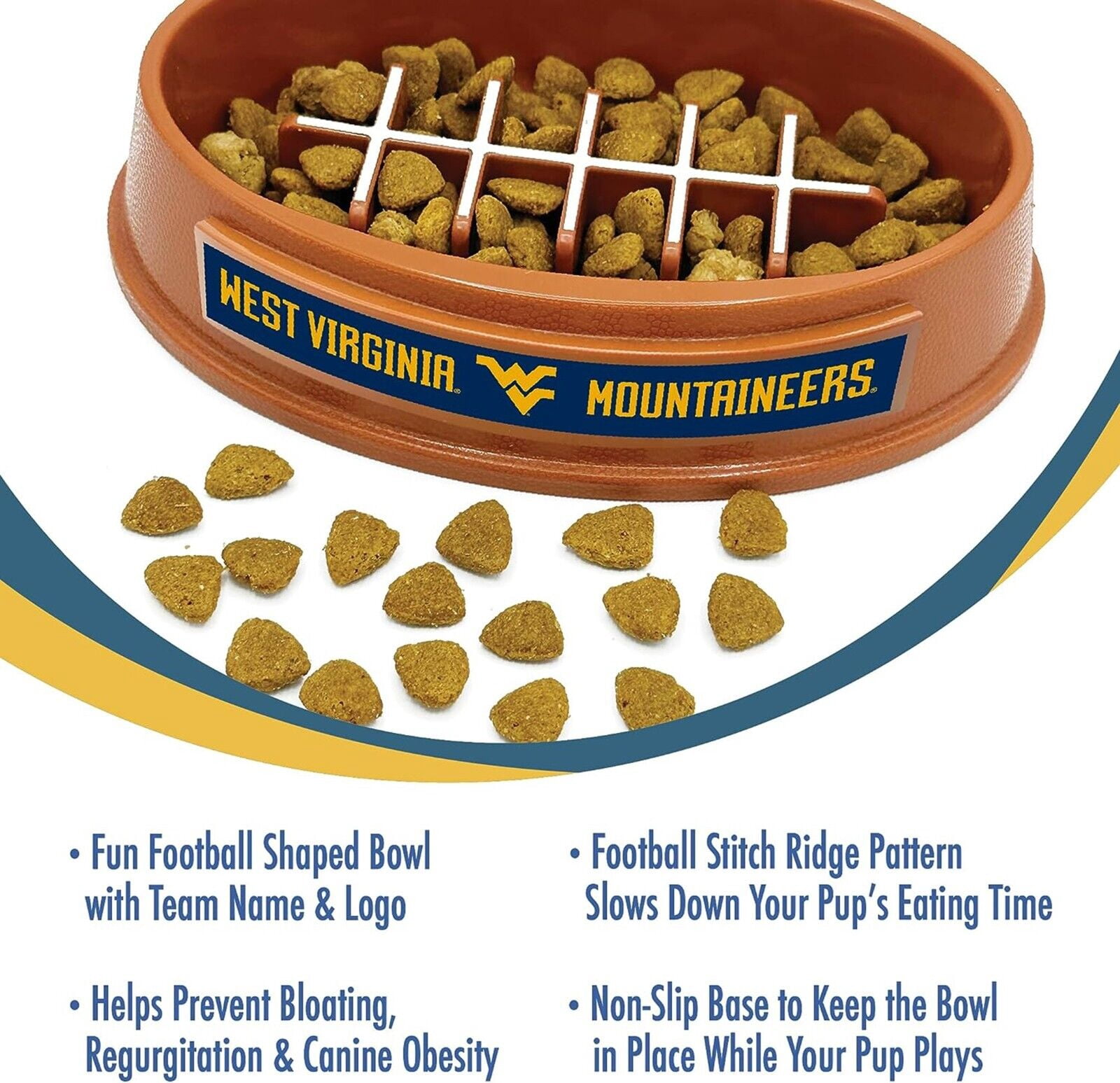 Pets First NCAA West Virginia University Super-Bowl Slow Feeder Bowl for Dogs and Cats with Non-Slip Mat
