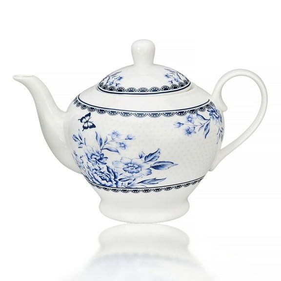 STP GOODS Vintage Indigo Porcelain Teapot in Gift Box 40.6 fl oz (1.2 L) Floral Kitchen Teapot for Loose Tea Tea Pot Tea Brewer Tea and Coffee Pot Kettle for Blooming Teas, White Blue