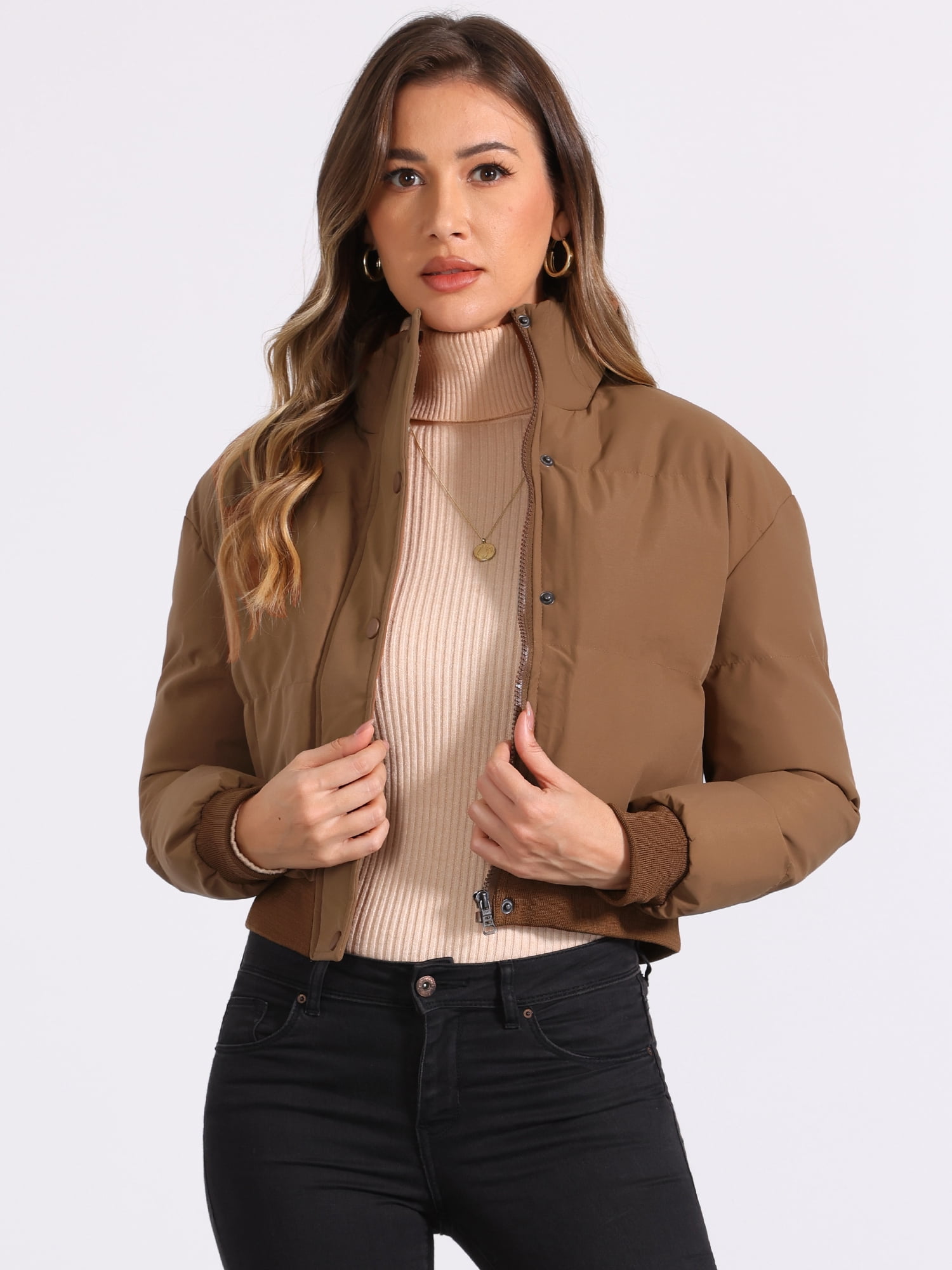 Unique Bargains Women's Winter Bomber Jacket Baggy Padded Cropped Coats XS Brown