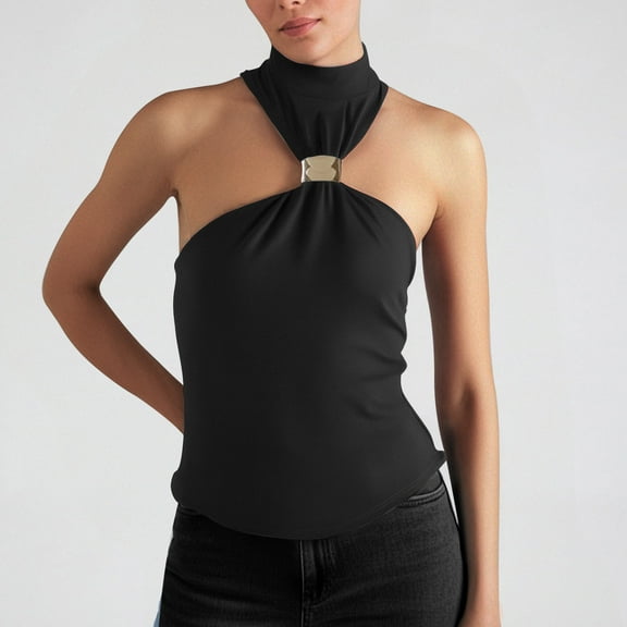 RMGVDSD Tank Tops for Women 2025 Women's Fashion Tops Casual Sleeveless High Neck Tank Top With Metal Ring Vacation Summer Fall Outfit Versatile Tank Shirts