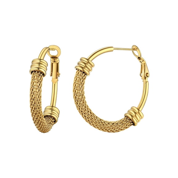FOCALOOK Small Huggie Hoop Earrings for Women Hypoallergenic Stainless Steel Chunky Round Thick Gold Plated Hoops Punk Gothic Cool Simple Ear Jewelry Gift Mesh Earrings 30MM