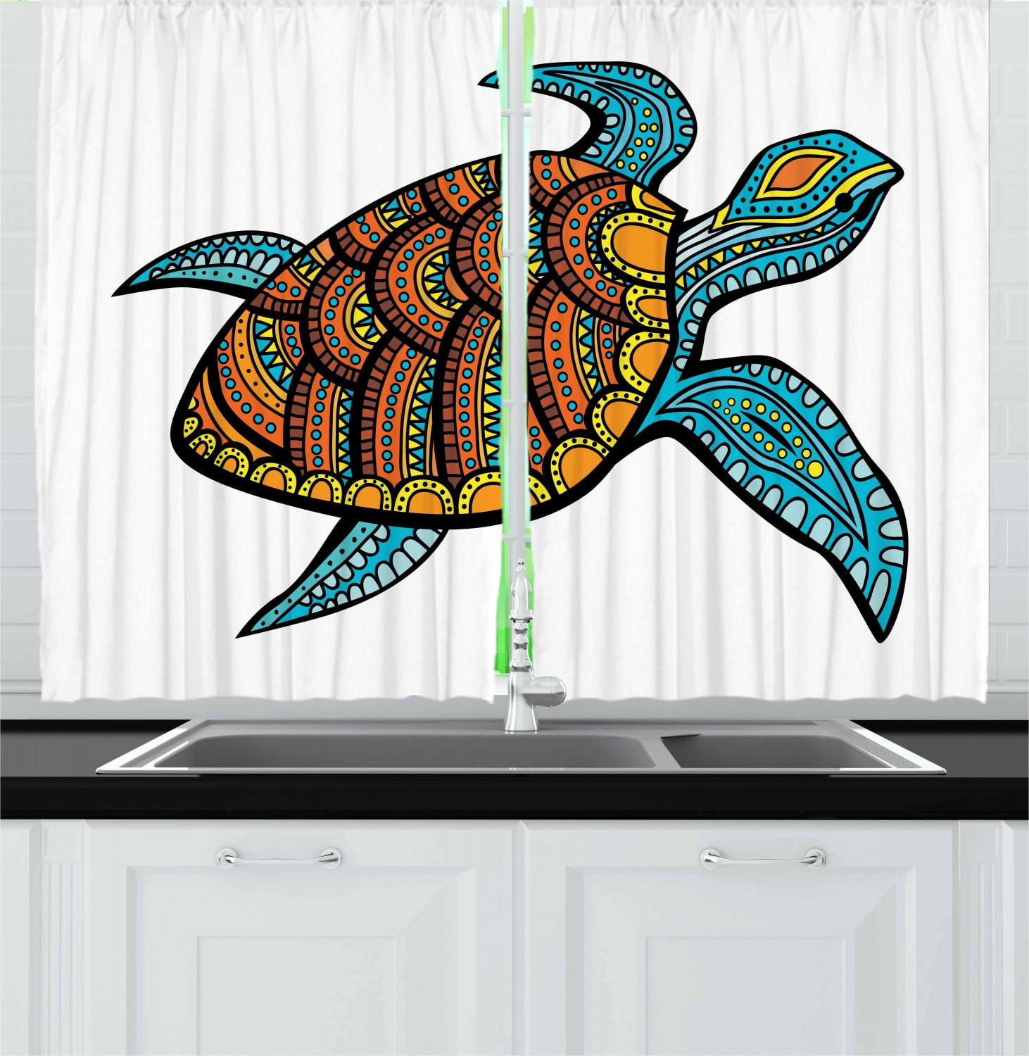 Turtle Curtains 2 Panels Set, Nautical Animals Pattern Sea Turtle Shells Starfish Monochrome Illustration, Window Drapes for Living Room Bedroom, 55W X 39L Inches, Charcoal Grey White, by Ambesonne