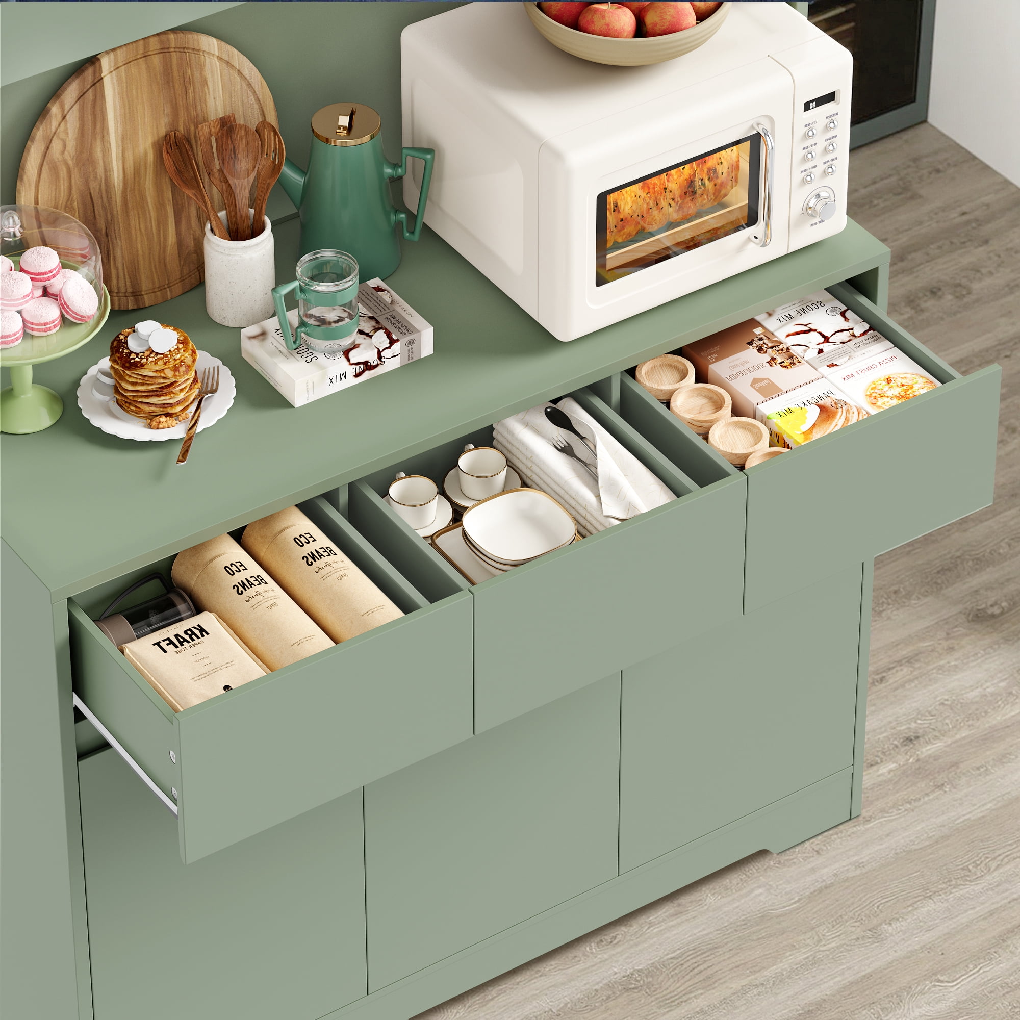 Homfa 70.9'' Tall Kitchen Pantry Cabinet with Charge Station & Led Light, 3 Drawer Storage Cabinet with Adjustable Shelves, Green