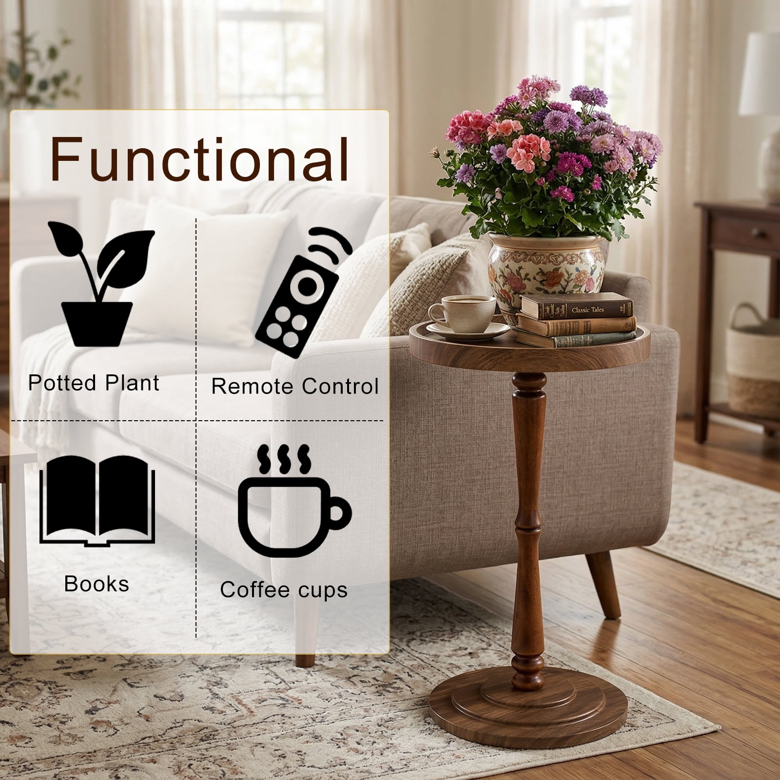 ManyFun Round Side Table, Wood Drink Table for Small Spaces, Round End Table for Living Room, Bedroom, Sofa Couch, Corners (Brown Spindle-shaped)