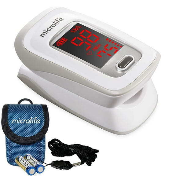 Microlife Series 200 Fingertip Pulse Oximeter, Blood Oxygen Saturation (SpO2) and Heart Rate Monitor, Includes Batteries, Lanyard and Case