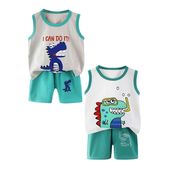 Hudaneo Boy Clothes Toddler Baby Boys 4 PCS Summer Outfits Sleeveless Cotton Dinosaur T-Shirt Shorts Set, 3 Months-6T