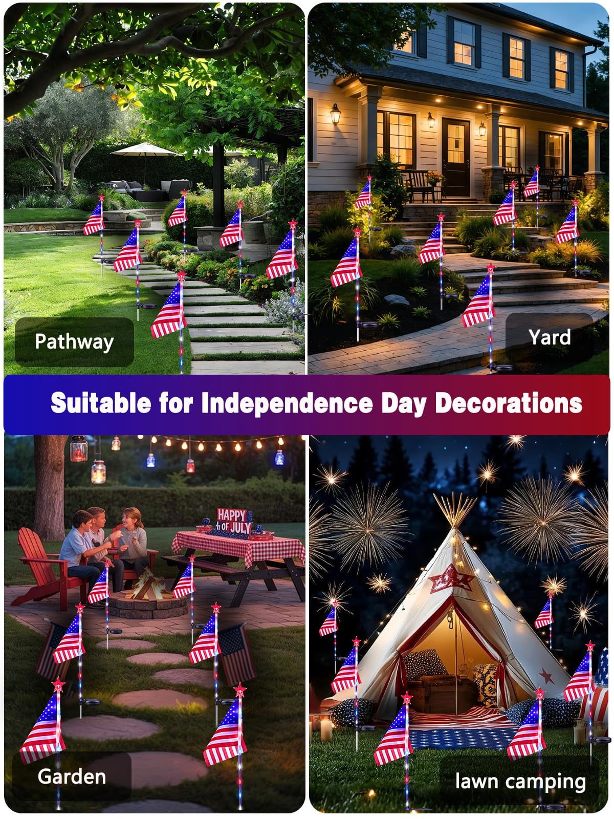 8 Pack Solar American Flag Lights Outdoor, 4th of July Decorations Outdoor, Waterproof Solar Flag Patriotic Lights for Yard, Garden, Pathway, Independence Day, 250th Anniversary