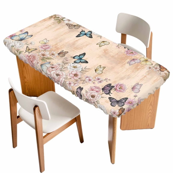 Vintage Spring Floral Table Cloths for 4 Foot Rectangle Tables, Elegant Flowers Butterflies Farmhouse Patio Waterproof Elastic Fitted Tablecloths, Washable Rectangular Table Cover for Camping