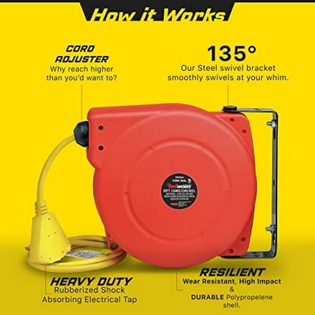 ReelWorks Extension Cord Reel Retractable 12AWG x 65' Foot 3C/SJT Heavy Duty Commercial Cable Triple Tap Connector Power 15A 125VAC 1875W