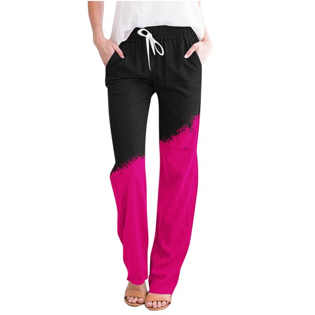 FAIWAD Straight Leg Linen Pants for Women Drawstring High Waist Long Pants Color Block Loose Trousers with Pockets