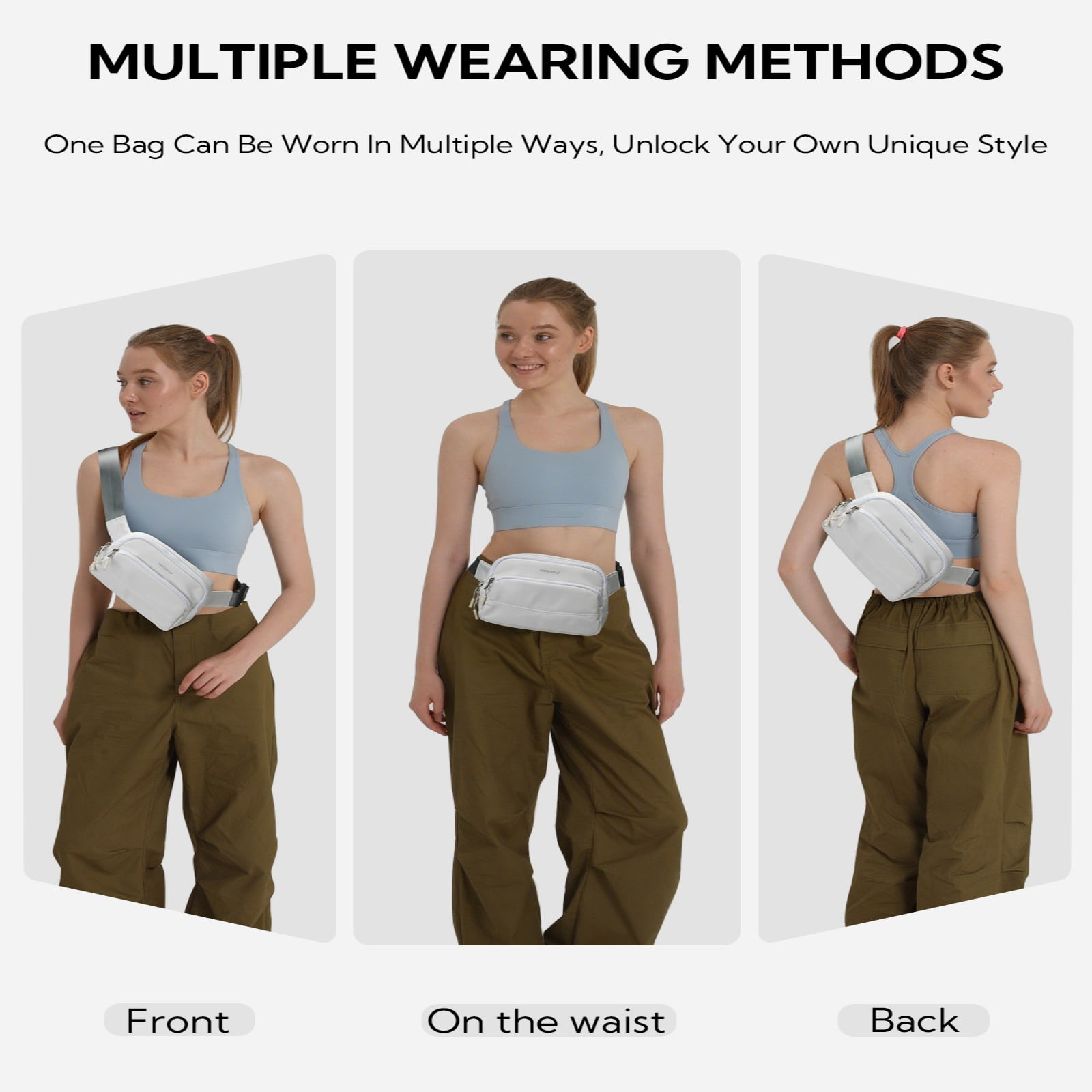 WATERFLY Unisex 2L Walking Hiking Travel Running Nylon Fanny Pack Waist Bag,White