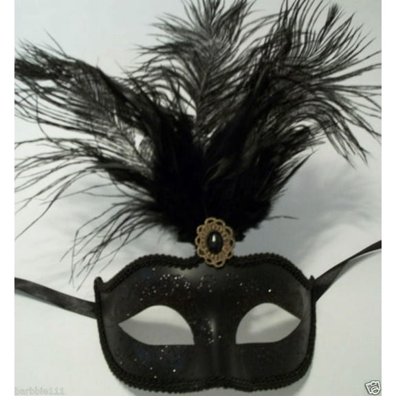 Black Feather Venetian Masquerade Mardi Gras Mask 12"